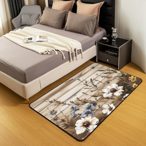 Erosebridal Rustic Flowers Area Rug 4'11" x 3'3" Vintage Floral Living Room Rugs Wooden Board Decorative Carpet Farmhouse Indoor Floor Mat - color: Beige Brown, size: 3'3" x 4'11" (Rectangular)