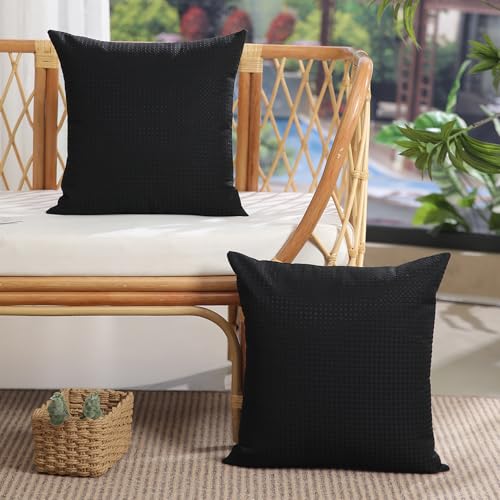 DFXSZ Outdoor Pillow Covers 18X18 Inch Set of 2 Black Waffle Textured Polyester Pillow Covers Spring Summer Outdoor Waterproof Decor for Patio Furniture Garden 025D18 - color: Black, size: 18" x 18" (Pack of 2)