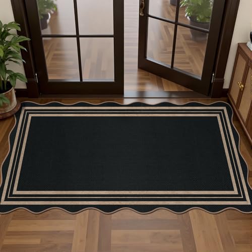 Scalloped Easy Jute Black Rug, 2x4 Front Door Washable Door Mat Non Slip Small Kitchen Area Rug, Farmhouse Low Pile Floor Rugs for Entryway Porch Doorway - color: Black Geometric, size: 2'x4' (Rectangular)