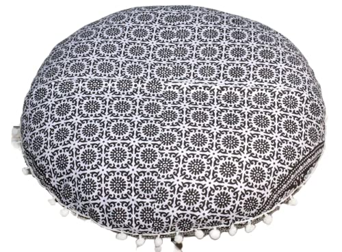 CRAFT KALA 32" Large Round Bohemian Floor Pillow Cover Boho Pouf Cover Mandala Meditation Room Pillows Cover Adults Seating Poufs Cushion Cover for Kids Reading Playroom Black Elephant Flower - color: Black and White Elephant