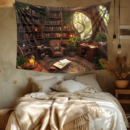 Richldeas 60x44inchs Forest Bookshelf Tapestry Tree Bookshelf Blanket Window Tapestries Wall Hanging for Bedroom Living Room Home Decor and Windowless Office RITAYW079 - color: Yellow-3, size: 60"L x 44"W