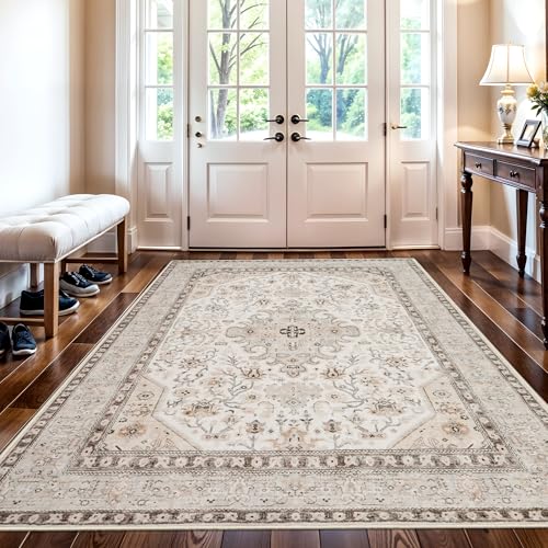 5x8 Area Rug Bedroom Washable: Oriental Rugs for Living Room - Ultra Thin Low Pile Stain Resistant Carpet - Home Decor for Vintage Style Lover 5x8 Ivory - color: Ivory, size: 5' x 8' (Rectangular)