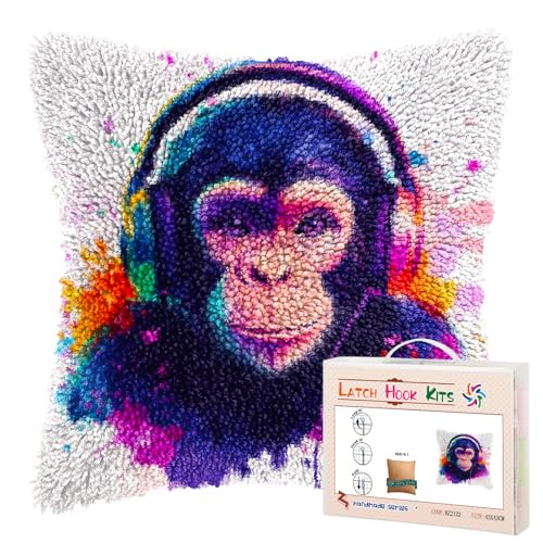 DIY Latch Hook Pillow Kits Watercolor Monkey Printed Pillowcase Crochet Yarns Hooking Handmade Pillow Cover Cushion for Home Sofa Decoration 17x17inch-1 - color: 07-Monkey
