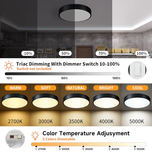 Black Flush Mount Ceiling Light 12 inch LED Dimmable Ceiling Lamp 24W 5CCT(2700K-5000K) Modern Close to Ceiling Light Fixture for Bedroom Foyer Kitchen Entryway Closet Hallway - color: Black