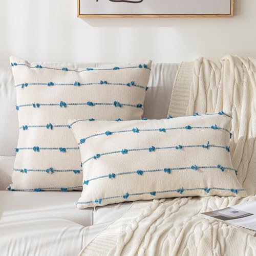 YEENAASY Boho Throw Pillow Covers 12x20 Set of 2 Modern Farmhouse Decorative Cushion Case Tufted Linen Square Pillows Cover Neutral Pillow Cases Accent Pillowcase for Sofa,Couch,Bed,Beige and Blue - color: Beige and Blue, size: 20" x 12" (Pack of 2)