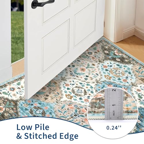 ROYHOME Small Rug Moroccan Trellis Washable Area Rug Doormat Stain Resistant Non-Slip Entryway Rug Distressed Floral Floor Carpet for Indoor Front Entrance Kitchen Bathroom, Blue/Taupe, 2' x 3' - color: Blue/Taupe, size: 2' x 3' (Rectangular)