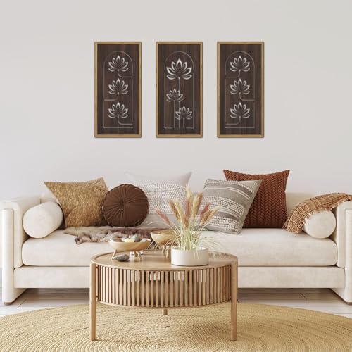 KAIRNE Lotus Wooden Wall Art,Floral Vintage Farmhouse Room Boho Decor,Set of 3(16” X 8”),Framed Mandala Lotus Flowers Wall Decor,Bohemian Retro Wood Hanging Board for Living Room Yoga room Office Decoration - color: Lotus Wooden Wall Art, size: 8"L x 16"W