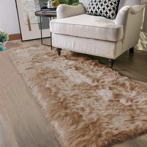Latepis Brown Beige 2x5 Washable Small Rug Faux Sheepskin Fur Rug Fluffy Shag Rugs for Living Room Bedroom Dorm Furry Plush Rugs Cute Room Decor - color: Beige, size: 2' x 5' (Runner)