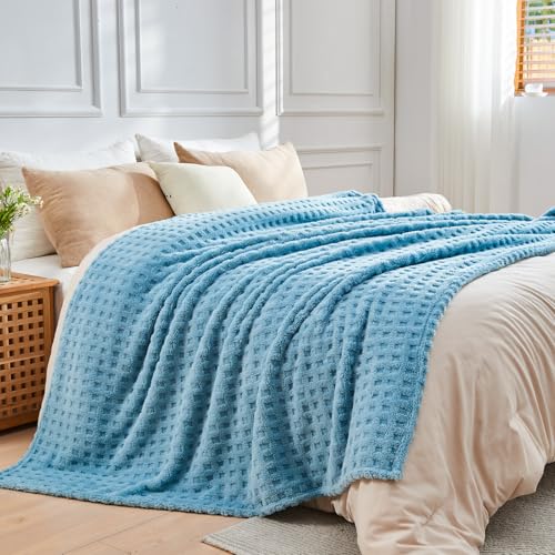 NEWCOSPLAY Super Soft King Blanket Blue Premium Silky Flannel Fleece 3D Waffle Checkered Lightweight Bed Blanket All Season Use (Blue, King(90"x110")) - color: Blue, size: King(90"x110")