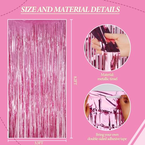 DECOCKRAT 3 Pack Foil Fringe Backdrop - Pink Shiny Tinsel Curtains for Party Decoration/Photo Booth Props - 3.3x8.2 FT Metallic Foil Backdrop for Birthday, Wedding, Graduation, Christmas. - color: Pink