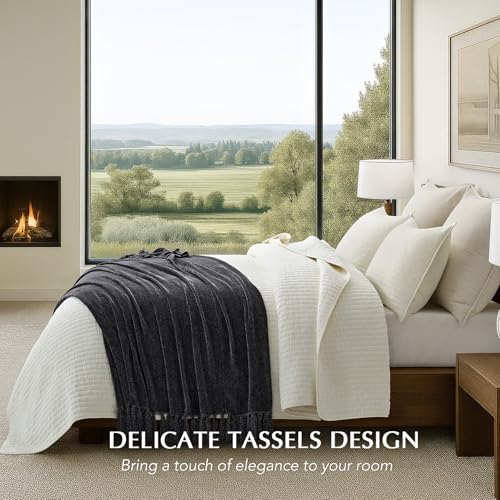 EverGrace Soft Chenille Throw Blanket for Couch, Cozy Plush Fuzzy Decorative Chenille Knit Throw Blanket with Tassels, Lightweight Blanket and Throws for Bed Sofa Gift Home Decor, Iron Black 50"x60" - color: Iron Black, size: 50"x60"