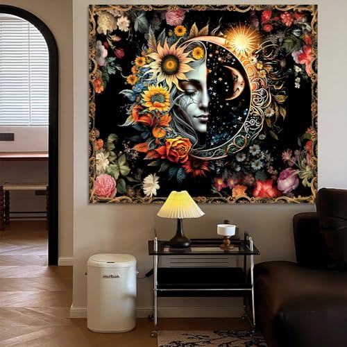 Sun and Moon Tapestry,Psychedelic Mystic Floral Tapestry Wall Hanging Modern Aesthetic Tapestry Hippie Boho Wall Art for Home Decor Bedroom Living Room Wall Decor Gift 59x51in - color: S06-Modern Aesthetic Sun and Moon