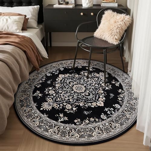 HOMORE Vintage Round Rug 4ft Washable Non Slip Circle Rugs 48inch Indoor Carpet for Bedroom Living Room Dining Room Kids Room Home Office Dorm,Black - color: Black, size: 4' (Round)
