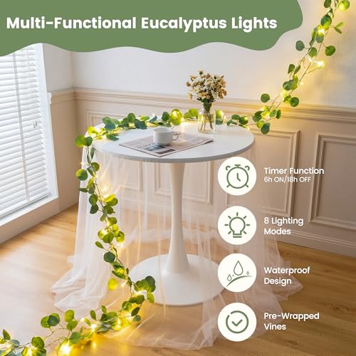 HEYFUNi 23FT Eucalyptus Garland with String Lights, Plug in | 73 Leds, Timer & Memory & 8 Modes, Greenery Eucalyptus Leaf Vine Lights for Bedroom, Wall, Wedding, Party, Summer Dorm Decor - color: Eucalyptus, size: 73 LED-Plug in
