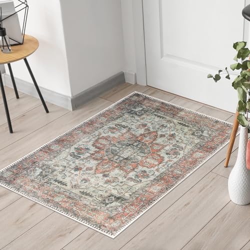 Keen Home Design 24"x36" Rug - Machine Washable Entry Rug with Non-Slip Backing, Ideal for Enteryway, Kitchen, Bathroom, Laundry Room - Vintage, Easy Clean, Durable, Low Pile - (2' x 3') - color: Orange/Offwhite, size: 2' x 3' (Rectangular)
