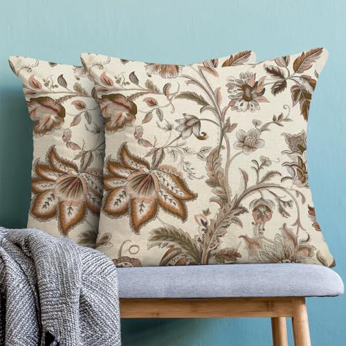 Chinoiserie Pillow Covers 16x16 Set of 2 Vintage Brown Floral Throw Pillow Covers Outdoor Decoration Boho Brown Flower Pillowcase Farmhouse Decorative Linen Cushion Case for Home Sofa Couch - color: Chinoiserie-floral-brown, size: 16" x 16" (Pack of 2)