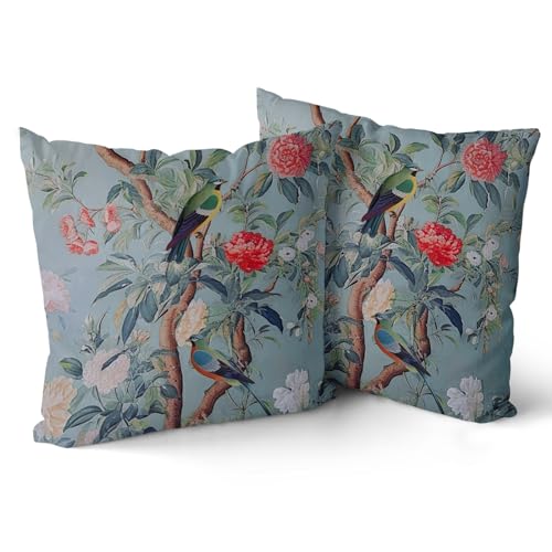 Chinoiserie Pillow Cover 16x16 Inch Blue Gray Vintage Bird Floral Throw Pillow Covers Farmhouse Flower Decorative Outdoor Pillowcase Cotton Square Cushion Cover for Couch Sofa Bed Decor (Pack of 2) - color: Blue Gray, size: 16" x 16" (Pack of 2)