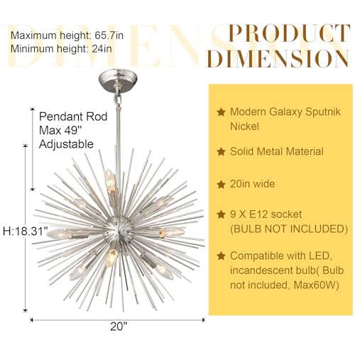20" Modern Nickel Sputnik Chandelier 9-Lights Mid-Century Modern Starburst Chandelier Vintage Chrome Solid Metal Sputnik Chandeliers for Dining Room, Living Room, Bedroom, Kitchen, E12 - color: Nickel 20" 9-Light