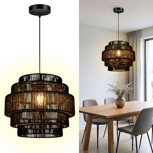 BoostArea Boho Rattan Chandelier Light,5-Tier Hand Woven Lampshade Ceiling Pendant Light Fixture,13” Farmhouse Chandelier Hanging Light for Living Room,Kitchen Island,Bedroom,Adjustable Cord,Black - color: Black
