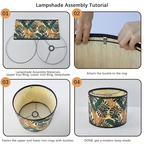 Bamboo Lamp Shade With Tropical Plants Chandelier Covers, Bohemian Farmhouse Drum Lamp Shade for Table Lamp Floor Lamp, Rustic Rattan Light Fixture for Bedroom Living Room (11.8x11.8x9 inch) - color: color1, size: 11.8*9
