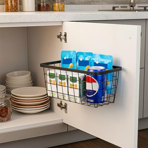 2 Pack Hanging Wall Basket Organizer Over the Cabinet Door Wire Baskets for Organizing -Space-Saving Hanging Baskets for Organizing Wall Mount Storage,No Drilling Adhesive Wall Storage Basket, Black - color: Black-New, size: 2 PACK