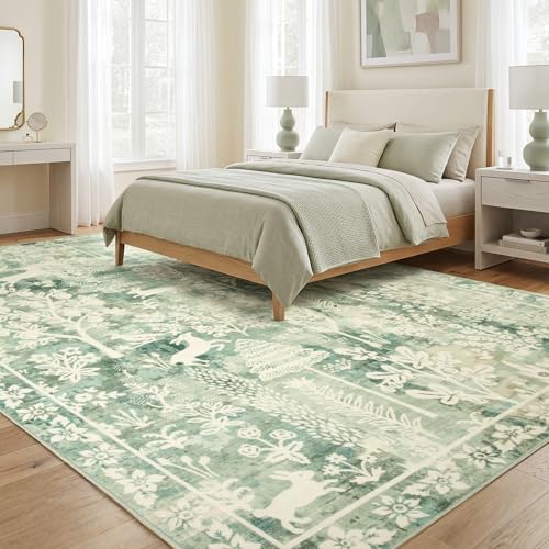 8x10 Area Rugs for Living Room, Large Washable Rug Cute Vintage Distressed Non Slip Bedroom Carpet, Low Pile & Thin Floral Rug for Dining Room Farmhouse Nursery Playroom Home Office, Sage Green - color: Cute | Sage Green, size: 8' x 10' (Rectangular)