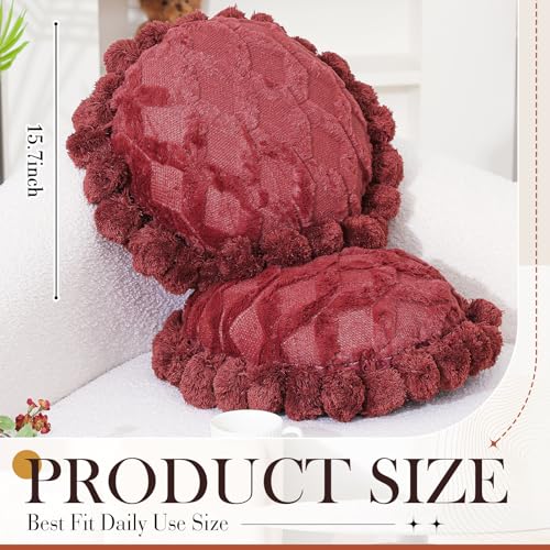 Tranqun 2 Pcs Boho Throw Pillows Cover 15.7 Inch Round Bohemian Decorative Pillow Covers Throw Pillow Cover Hand Tufted with Textured Pom Poms Cushion for Couch Sofa Bed Yoga (Red Rust Color) - color: Red Rust Color