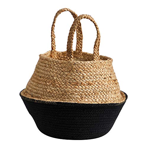 Nearly Natural 14in. Boho Chic Handmade Cotton & Jute Black Woven Basket Planter, Beige