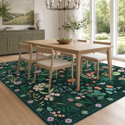 8x10 Area Rugs for Living Room, Machine Washable Rug Vintage Large Soft Boho Floral Rug, Low Pile Non-Slip Indoor Carpets for Bedroom Dining Room Farmhouse Nursery Playroom Home Office, Dark Green - color: Dark Green Floral, size: 8' x 10' (Rectangular)