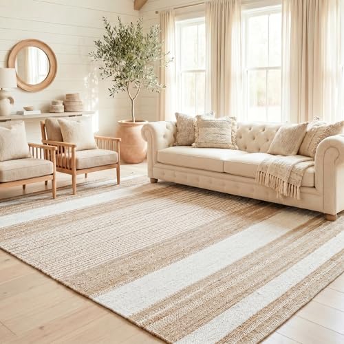 Homespice Reva Striped Area Rug 5x8' - Dense & Thick Premium Handwoven Jute Rug for Living Room and Bedroom, Lays Flat, Won't Fray or Shed, Natural Brown with White Stripes - color: Reva, size: 5' x 8' (Rectangular)