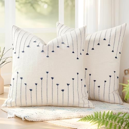 Boho Throw Pillow Covers 20x20 Set of 2,Soft Resistant Washable Outdoor | Navy Blue Textured Woven Cotton Decorative Cushion Covers with Hidden Zipper, for Couch Sofa Bed Patio Beach, Coastal Decor - color: Navy Blue, size: 20" x 20" (Pack of 2)
