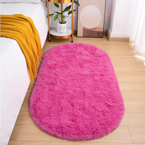 Goideal Fluffy Bedroom Rug, Small Oval Area Rugs, Hot Pink Shag Bedside Carpet for Kids Room Nursery Dorm Cute Fuzzy Indoor Decor for Boy and Girl, 2.6 x 5.3 Feet - color: Hot Pink