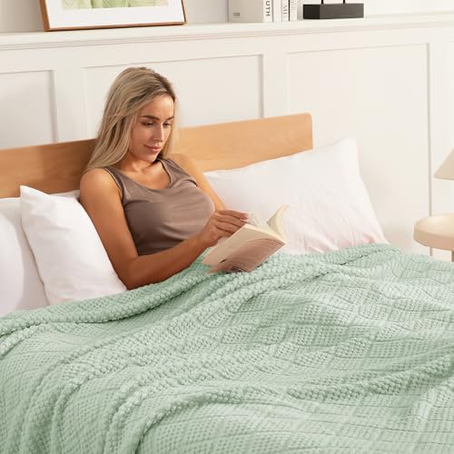 Whale Flotilla Fuzzy Fleece Twin Size Blanket for Bed, Soft Fluffy Jacquard Waffle Blankets for All Season, Lightweight and Cozy, 60x80 Inch, Sage Green - color: Sage Green, size: Twin(60x80 Inch)