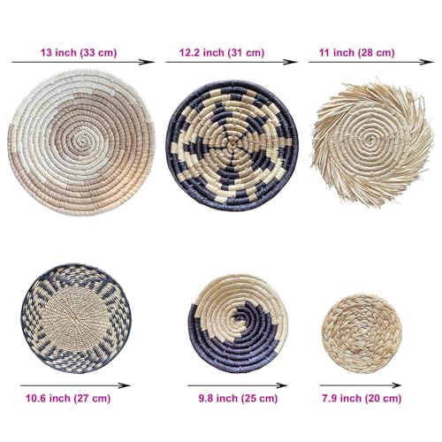 Laquedecraft Boho Round Handmade Wall Basket Decor | Woven Seagrass Rattan Wicker Wall Decor Hanging Rustic Flat Elegant Wall Art for Farmhouse Living Rooms Bedrooms Display Table Settings Kitchen Home (Bohemian, 6) - size: Set of 6, style: Bohemian