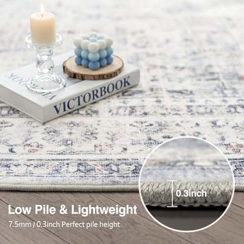 FMFUNCTEX 5x7 Washable Area Rug Blue Neutral Vintage Distressed Oriental Large Non Slip Carpet for Living Room Bedroom Traditional Retro Soft Low Pile Indoor Rugs for Dining Room Office Nursery - color: Blue, size: 5' x 7' (Rectangular)