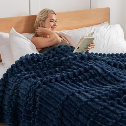 Exclusivo Mezcla California King Size Flannel Fleece Blanket, Super Soft Striped Jacquard Bed Oversized Blanket, Lightweight Fuzzy Cozy for All Seasons, 120x120 Inches, Navy Blue - color: Navy Blue, size: Cal King ( 120x120 IN )