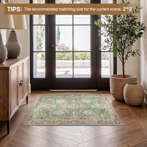 Bavni Entryway Rug, 2x3 Washable Rug Ultra-Thin Low Pile, Non-Slip Small Rugs Indoor for Front Door Entrance Bathroom, Vintage Print Carpet Soft Stain Resistance, Sage/Gold - color: Sage/Gold, size: 2' x 3' (Rectangular)