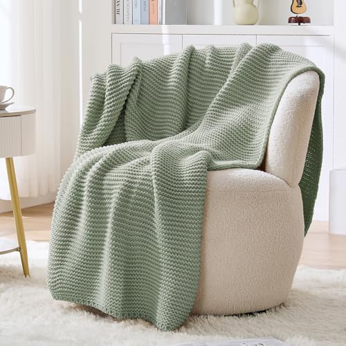Cable Knit Throw Blanket for Couch, Sage Green Throw Blanket, Soft Cozy Stretchy Reversible Garter Knitted Blankets for Bed, 50"x60", Sage - color: Sage Green, size: 50"x60"