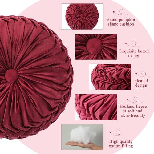 Drydiet 1 Pcs Round Throw Velvet Pillows Decorative Pleated Throw Pillows Diameter Accent Pumpkin Boho Chair Cushion for Couch Sofa Home Decoration (Burgundy,15'') - color: Burgundy, size: 15''