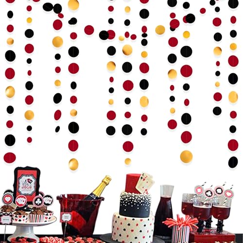 Gold Black Red Party Decorations Circle Dots Streamer Hanging Paper Polka Dots Garland for Graduation Birthday Wedding Anniversary Baby Shower Holiday Pirate Poker Casino Las Vegas Party Supplies - color: Black Gold Red