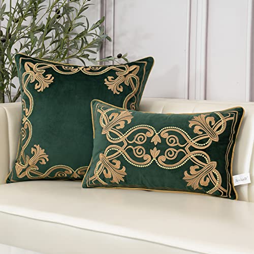 Aeckself European Luxury Velvet Lumbar Throw Pillow Cover 12 x 20 Inch, Embroidery Floral Pillow Cover Home Decor Oblong Pillowcase for Couch Bedroom Living Room, Dark Emerald Green and Gold - color: Green, size: 20" x 12" (Pack of 1)