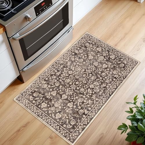 Vintage Entryway Rug Indoor, Rust Brown Red Washable Rug 2x3, Small Area Rug with Non-Slip Backing, Floral Print Thin Faux Wool Super Soft Door Mat for Kitchen, Entrance, Bedroom, Office - color: Rust Brown Red, size: 2' x 3' (Rectangular)