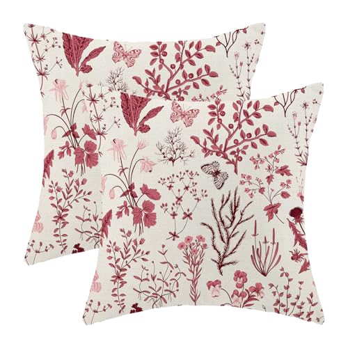 Christmas Pillow Covers 16x16 Inch Set of 2,Burgundy Red Wild Flower Plant Throw Pillows Case,Seasonal Floral Outdoor Decorative Square Linen Farmhouse Decor Cushion Covers for Home Sofa bed Couch - color: Burgundy Wild Floral, size: 16" x 16" (Pack of 2)