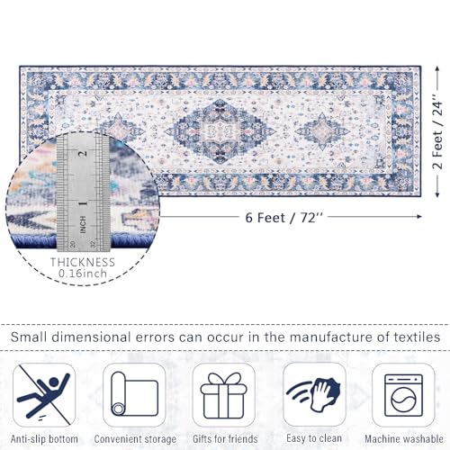 Amearea Vintage Design Runner Rugs for Living Room, 2x6 Machine Washable Floral Collection Traditional Bedroom Rug, Low Pile Cute Kids Room Print Carpet, No Slip Office Kitchen Home Decor, Blue - color: Blue, size: 2' X 6' (Runner)