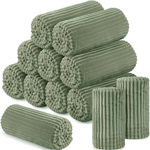 Buryeah 12 Pcs Flannel Throw Blanket Bulk 50 x 60 Inch Wedding Throw Blanket Soft Lightweight Winter Blankets with Striped Ribbed for Sofa Room Couch Donation Homeless Gifts (Sage Green) - color: Sage Green