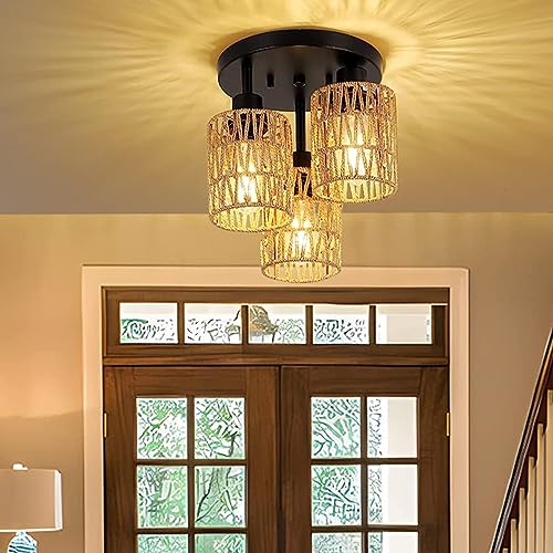 Small Rattan Lamp Shade Boho Shades Replacement H5.9''xΦ4.7'' Shades Ceiling Fan Light Covers Cylinder Woven Lampshade for Floor Lamps Pendant Light Chandelier Wall Sconces Light Fixture