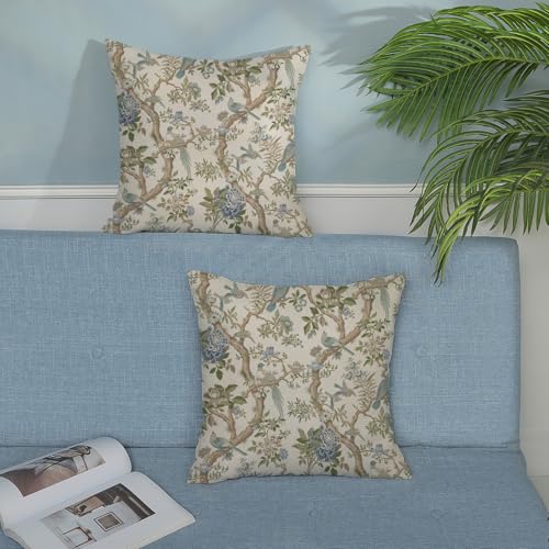 Chinoiserie Throw Pillow Covers 16x16 Inch 2 Pcs Vintage Blue Green Floral Bird Decor Pillow Covers Flower Outdoor Seasonal Farmhouse Decorative Pillowcase Linen Cushion Cover for Couch Sofa - color: Chinoiserie Sage Green Blue Floral Bird, size: 16" x 16
