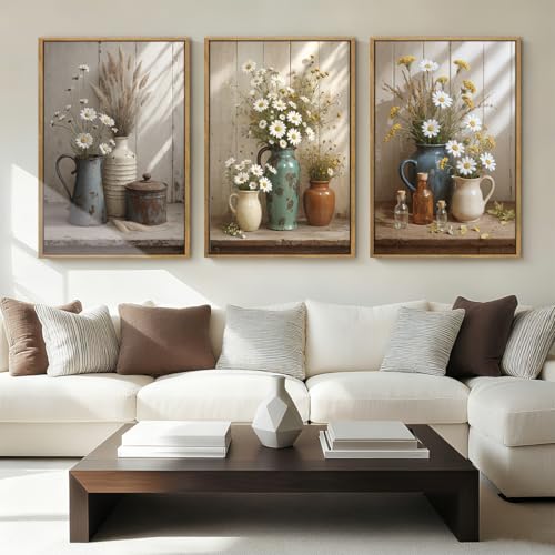 ANHUIB Vintage Wildflower Botanical Canvas Wall Art Framed Rustic Farmhouse Floral Pictures Wall Decor Country Daisy Painting 16x24 Inch Flower Set of 3 for Living Room Bedroom Office - color: Farmhouse Floral, size: 24"L x 16"W