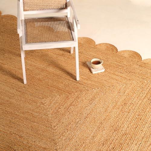 Scalloped Natural Jute Area Rug 6x9ft – Handwoven Natural Fiber Rug for Living Room, Bedroom, and Entryway, Rustic & Boho Style - size: 6' x 9' (Rectangular)