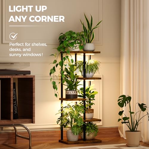 Bamworld Indoor Plant Stand with Grow Light Corner 5Tier Metal Plant Shelf Wood Flower Stand for Home Living Room Decor Patio Decor - style: 5 Tier,Square